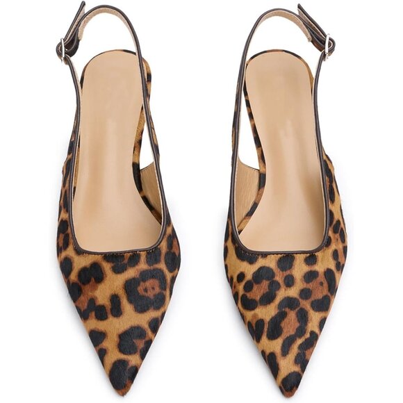 Leopard Women's Slingback Kitten Closed Pointed Toe Pumps Low Heel Office Shoes - Picture 5 of 7